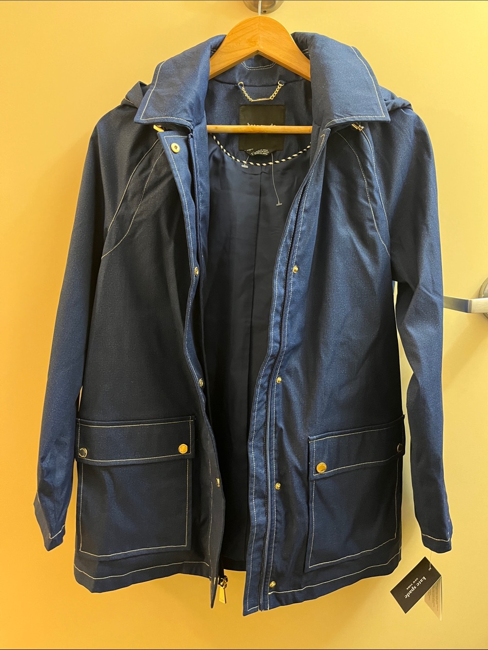 NWT Kate Spade printed denim zip front patch pocket trench removable hood size S